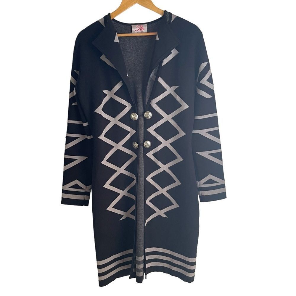 Roja Black and Grey Southwestern Print Long Knit Duster